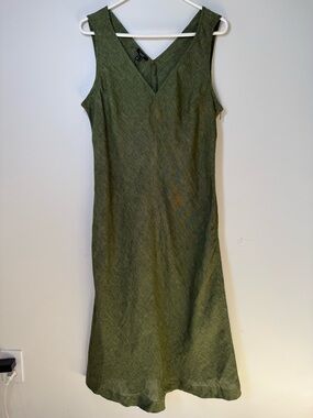 Talbots linen Olive Green Sleeveless V-Neck Midi Dress bias cut side zip